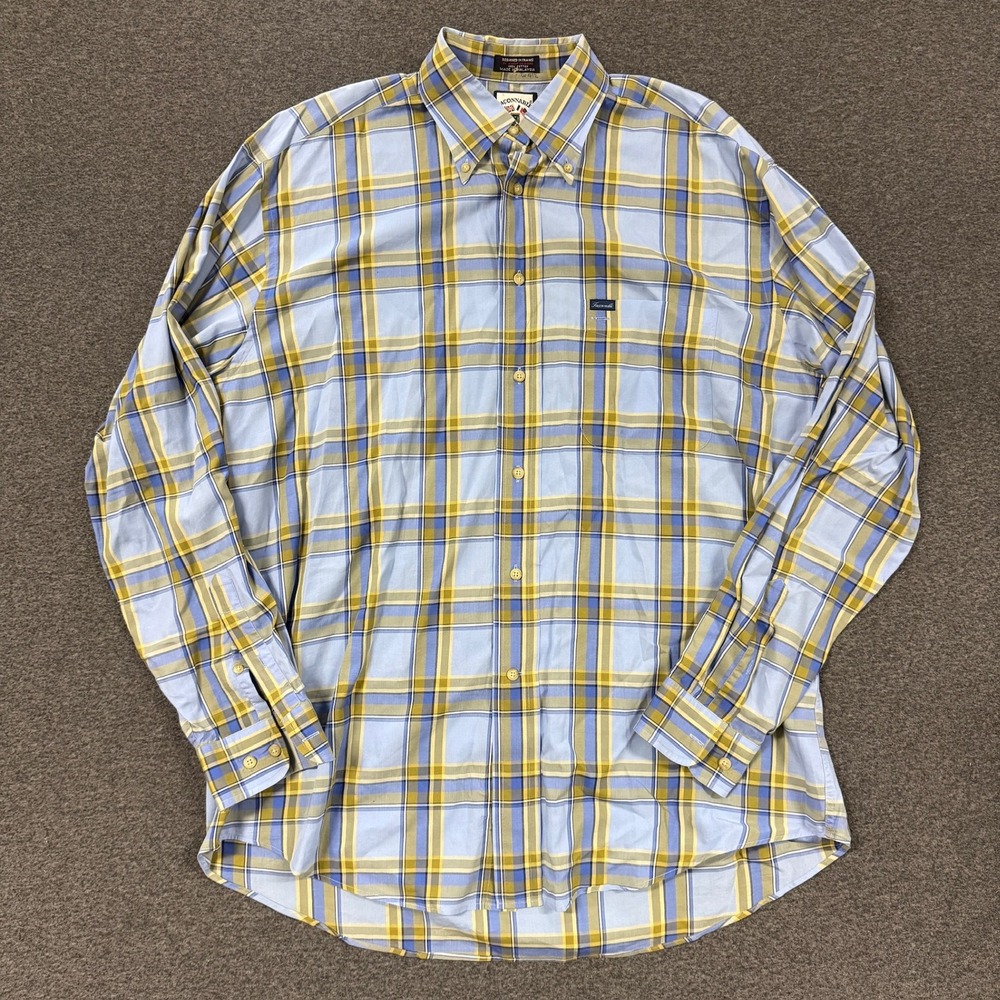 Vintage Faconnable Plaid Button Down Mens LL Blue Yellow Good Cotton Long Sleeve